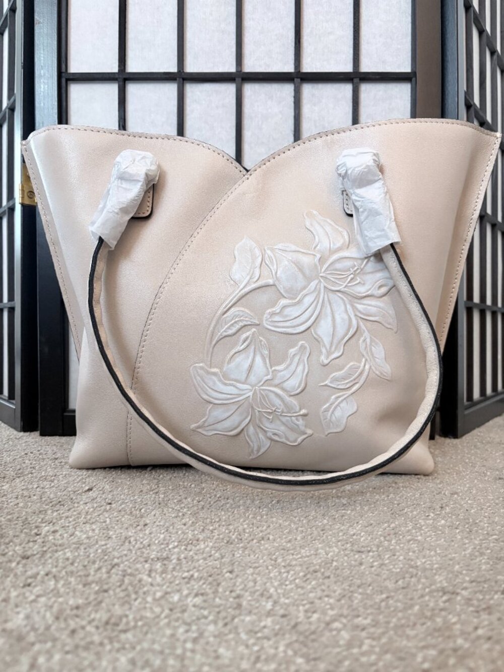 Patricia Nash Burnished Parisian Floral Toollel Tote, Brass/Chalk